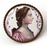 Attractive mid-18th century enamel plaque probably Battersea, printed and painted in puce with the