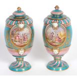 Pair of mid/late 19th century Sevres porcelain lidded vases of baluster form to circular bases,