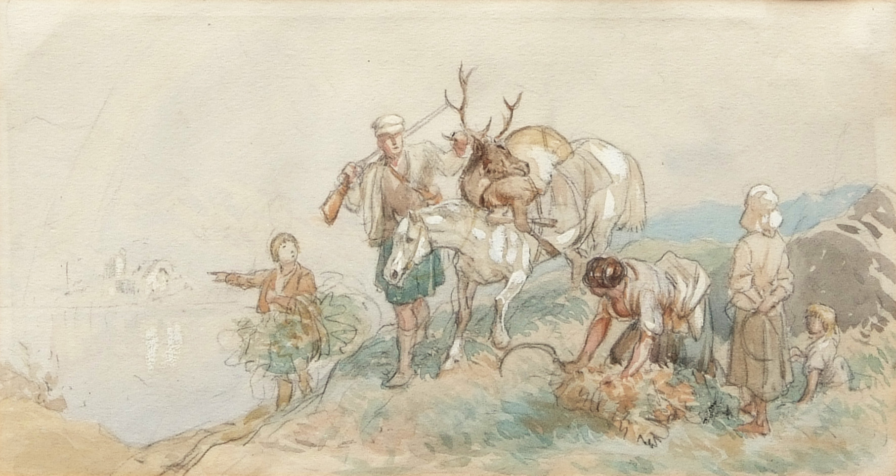 JOHN FREDERICK TAYLER (1802-1889, BRITISH) "Returning from the Hunt" pencil and watercolour 13 x