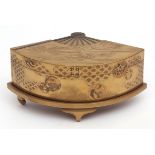 Fine Japanese gold lacquer fan shaped box with stand and internal tray, the lid delicately decorated