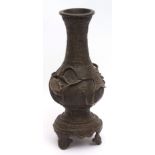 Chinese bronze vase of archaic style, heavily cast with ornamental goldfish swimming amidst