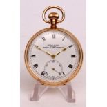 Second quarter of 20th century 9ct gold open faced keyless pocket watch, retailed by Kendal & Dent -