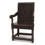 17th century and later oak wainscot type chair, the plain back carved with central diamond,
