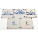 Group of five 18th/19th century Dutch Delft blue and white tiles, decorated with figures, cottage