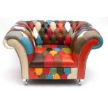 21st Centre designer harlequin leather armchair decorated with multi-coloured upholstery in the