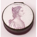 Mid-18th century circular enamel snuff box, probably Battersea, the cover with a portrait of Queen