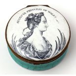 Mid-18th century enamel snuff box the cover printed in black with a head and shoulders portrait of