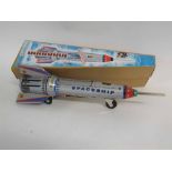 Sky Express tin space ship rocket, painted in blue, grey and red (with box)