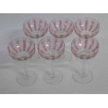 Set of six 20th century Bohemian style champagne glasses with a striped cranberry and etched design,