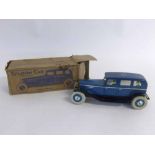 Chad Valley boxed tin plate clockwork saloon car, painted in blue and black, 24cms long