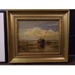 Attributed to John H Dell, oil on board, Coastal scene with figure and fishing boats, 23cms x 28cms