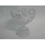 Large clear cut glass pedestal bowl on stand with sunburst cut panels and shaped castellated top,