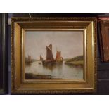 Unsigned oil on canvas, River scene with sailing boats, 50cms x 61cms