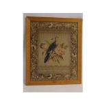 Grospoint wool embroidered panel depicting bird and foliage with an alphabet border, inscription