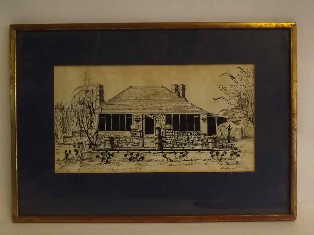 Colin W Burns, signed pen and ink drawing, A Bungalow, 19 x 34cms
