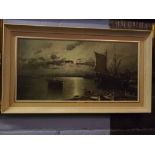 R Beltrame, signed oil on canvas, Italianate moonlit river scene, 38 x 81cms