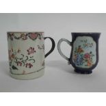 Two 19th century Chinese export tankards, one with a floral design with an applied metal handle (a/