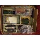 Box containing assorted Hornby tin plate trains, rolling stock, tender, track etc