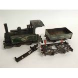 Vintage Mamod model steam train, painted in green and black, together with two goods wagons and a