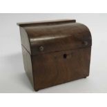 19th century mahogany tea caddy with a sloped fronted top, fitted with two brass button knobs,