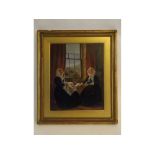 Unsigned oil on panel, Interior scene with two ladies seated at a table, 37 x 30cms