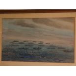 R E Vincent, signed and dated 66, pen, ink and watercolour, A Naval convoy, 33 x 53cms