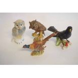 Nao model of an owl together with three Goebel models of a cock pheasant, another owl and a