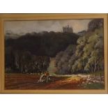 A A Clayton, signed gouache, Ploughing scene with distant castle, 35 x 50cms