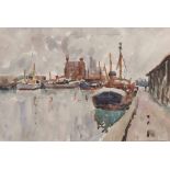 *Rowland Fisher, ROI, RSMA (1885-1969, BRITISH) "Lowestoft Harbour", watercolour, unsigned, 23 x