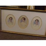 19th century English School, group of three watercolours in one frame, portraits of young