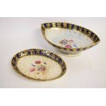 19th century English oval pedestal bowl with blue and gilded border, painted floral centre, together