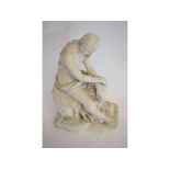 Parian type figure of a seated classical lady with a garland of flowers in her hand, 37cms tall