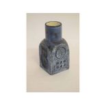 Troika pottery chimney vase decorated in underglaze blue with geometric patterns and initial AB to
