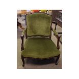 19th century French walnut armchair with green Dralon upholstered seat, back and arms and cabriole