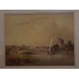 19th century Dutch School, watercolour, River scene with windmills to distance, 47cms x 35cms