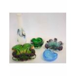 Mixed Lot: three heavy glass multi-coloured dishes, together with a further blue glass dish with