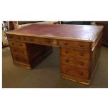 Victorian oak framed twin pedestal partners desk, each pedestal fitted with three drawers with three