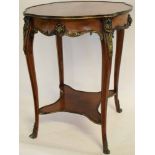 French kingwood circular two-tier table with a segmented inlaid top with brass banding, with