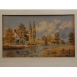 19th century unsigned watercolour, Cottage river scene (see verso), 42cms x 25cms