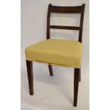 Regency mahogany bar back chair with tapering square reeded front legs and yellow upholstered seat