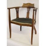 Edwardian mahogany framed and inlaid armchair with green Dralon upholstered seat, inlaid stringing
