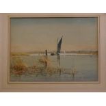 C M Wigg, signed watercolour, Wherry on a Broadland scene, signed lower right, 35cms x 25cms
