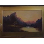 Pair of unsigned sunset loch scenes with mountains to distance, in gilt frames, 45cms x 25cms (2)