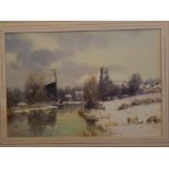 Metcalfe, signed watercolour, Broadland winter scene with sheep at forefront, signed lower left,