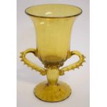 Victorian Venetian style amber two-handled glass vase of tapering cylindrical form, raised on a