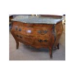 Good quality French walnut bombe chest with green marble top and serpentine front, with decorative