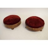 Pair of Victorian mahogany circular squat foot stool, with red Dralon upholstered tops, raised on