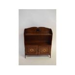 Late 19th/early 20th century small oak wall cabinet with open shelf, fitted with two later inlaid