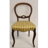 Victorian rosewood balloon back chair with cream and yellow striped upholstered seat and cabriole