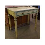 Victorian painted pine single drawer side table with turned knob handles, raised on four turned